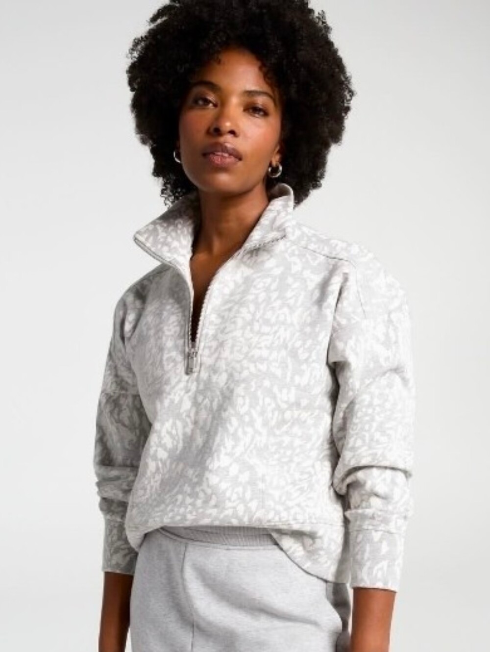CALIA Soft Scuba Mock Neck Quarter-Zip Pullover - Gray Leopard Print - Size M
